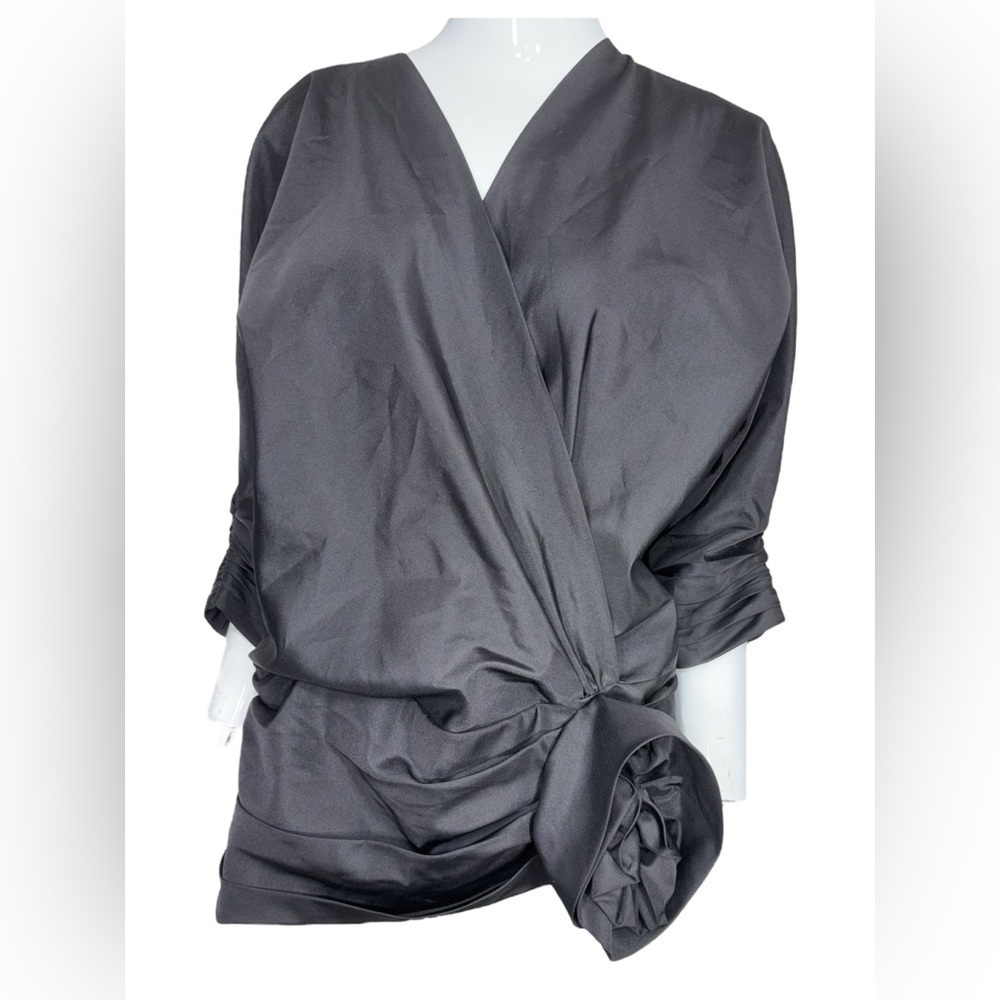 Size 14 Vintage Frank Usher London 1970s Classic Beautiful Black Wrap Blouse Top